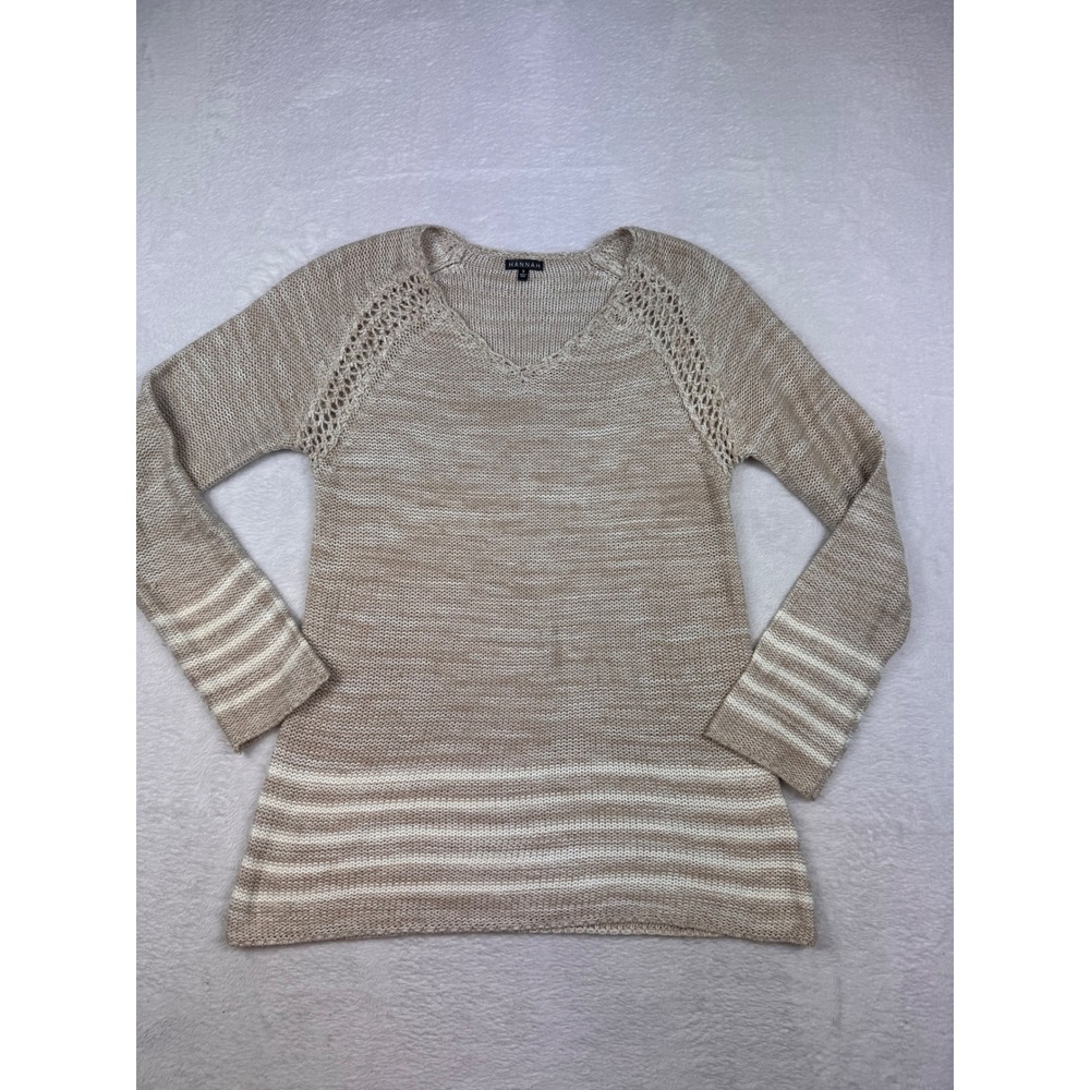 Hannah Womens V-Neck Space Dye Knit Sweater Tan White Striped Crochet Detail S